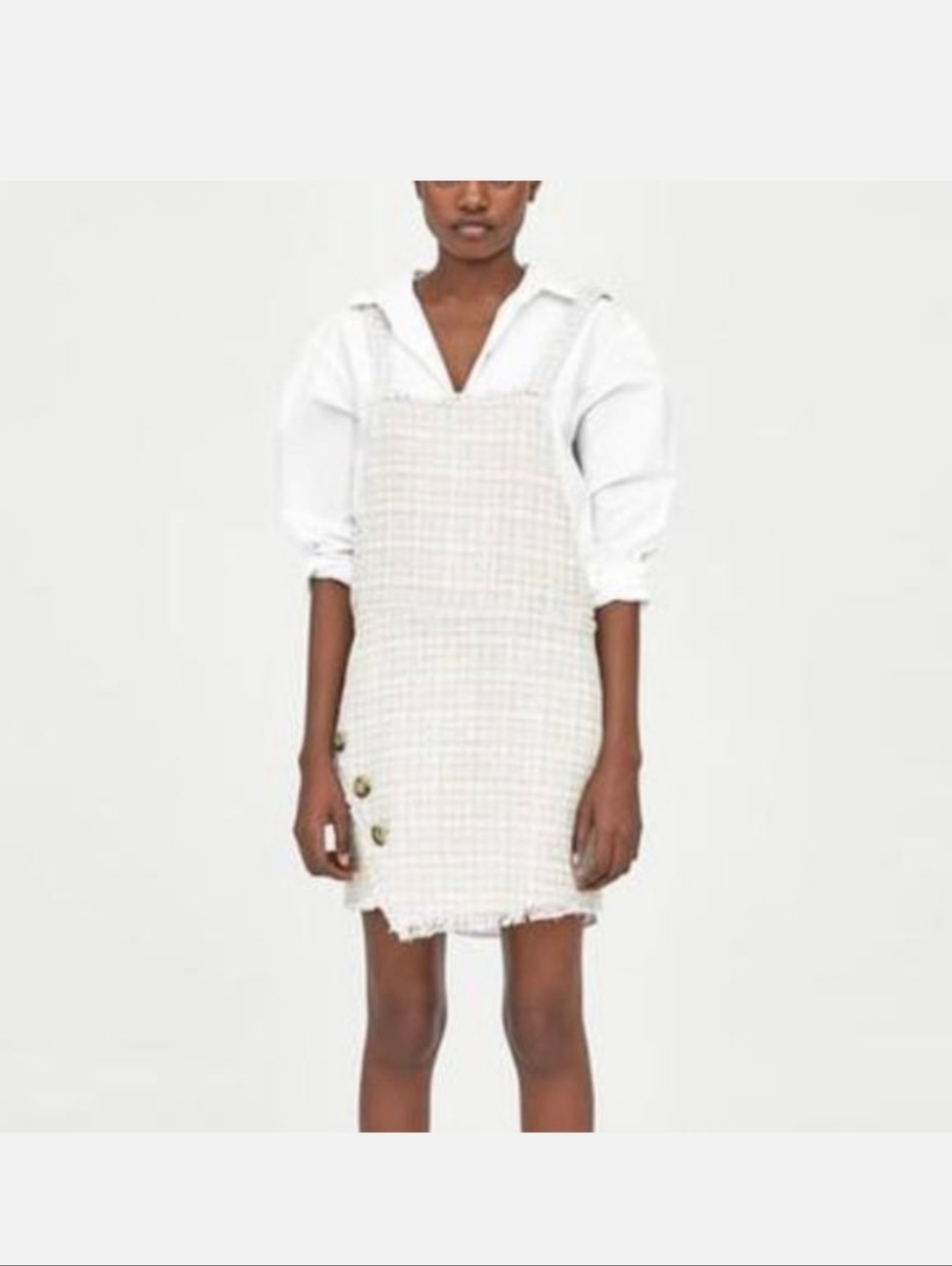 Zara Cream Tweed Mini Dress with Side Buttons